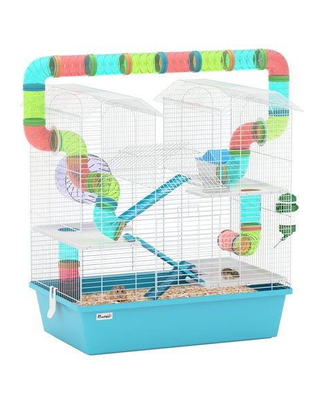 PawHut 4 Tier Hamster Cage w/ Tubes, Exercise Wheel, Hut, Water Bottle, Food Dish, Ramps, for Drawf, 58 x 36 x 65cm, Light Blue - pic 158784 | FastDaddyshop