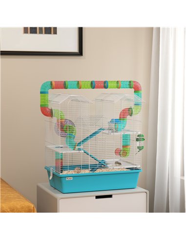 PawHut 4 Tier Hamster Cage w/ Tubes, Exercise Wheel, Hut, Water Bottle, Food Dish, Ramps, for Drawf, 58 x 36 x 65cm, Light Blue