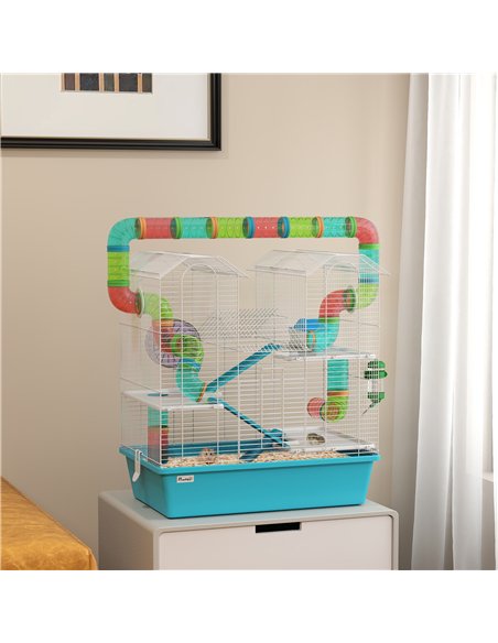 PawHut 4 Tier Hamster Cage w/ Tubes, Exercise Wheel, Hut, Water Bottle, Food Dish, Ramps, for Drawf, 58 x 36 x 65cm, Light Blue - pic 158785 | FastDaddyshop