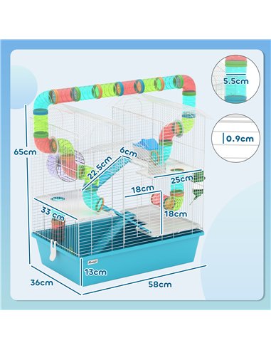 PawHut 4 Tier Hamster Cage w/ Tubes, Exercise Wheel, Hut, Water Bottle, Food Dish, Ramps, for Drawf, 58 x 36 x 65cm, Light Blue