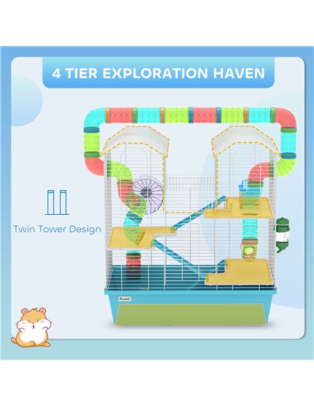 PawHut 4 Tier Hamster Cage w/ Tubes, Exercise Wheel, Hut, Water Bottle, Food Dish, Ramps, for Drawf, 58 x 36 x 65cm, Light Blue - pic 158787 | FastDaddyshop