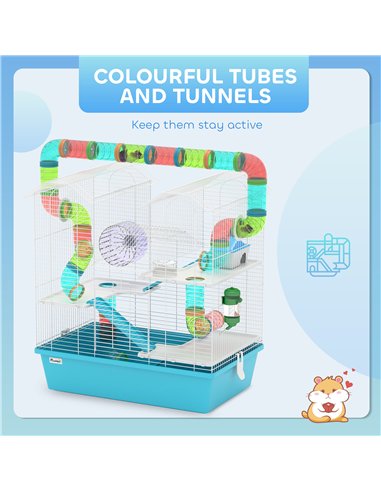 PawHut 4 Tier Hamster Cage w/ Tubes, Exercise Wheel, Hut, Water Bottle, Food Dish, Ramps, for Drawf, 58 x 36 x 65cm, Light Blue