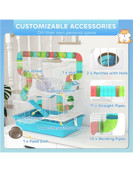 PawHut 4 Tier Hamster Cage w/ Tubes, Exercise Wheel, Hut, Water Bottle, Food Dish, Ramps, for Drawf, 58 x 36 x 65cm, Light Blue - pic 158789 | FastDaddyshop