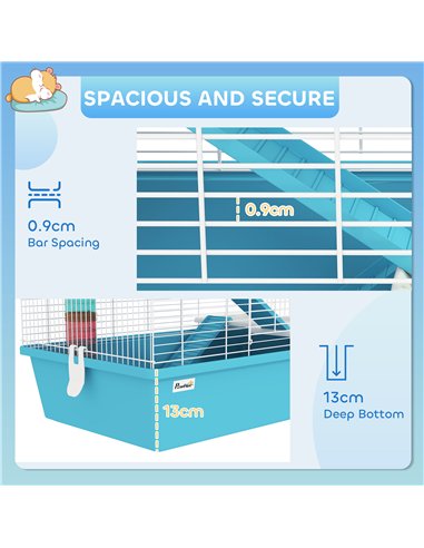 PawHut 4 Tier Hamster Cage w/ Tubes, Exercise Wheel, Hut, Water Bottle, Food Dish, Ramps, for Drawf, 58 x 36 x 65cm, Light Blue