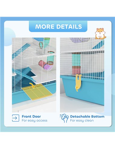 PawHut 4 Tier Hamster Cage w/ Tubes, Exercise Wheel, Hut, Water Bottle, Food Dish, Ramps, for Drawf, 58 x 36 x 65cm, Light Blue