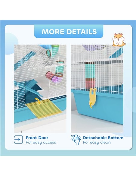 PawHut 4 Tier Hamster Cage w/ Tubes, Exercise Wheel, Hut, Water Bottle, Food Dish, Ramps, for Drawf, 58 x 36 x 65cm, Light Blue - pic 158791 | FastDaddyshop