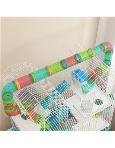 PawHut 4 Tier Hamster Cage w/ Tubes, Exercise Wheel, Hut, Water Bottle, Food Dish, Ramps, for Drawf, 58 x 36 x 65cm, Light Blue