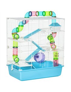 PawHut Hamster Cage w/ Water Bottle, Exercise Wheel, Tubes, Ramps - Light Blue