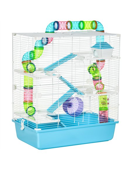 PawHut Hamster Cage w/ Water Bottle, Exercise Wheel, Tubes, Ramps - Light Blue - pic 158802 | FastDaddyshop
