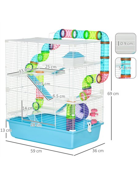 PawHut Hamster Cage w/ Water Bottle, Exercise Wheel, Tubes, Ramps - Light Blue - pic 158804 | FastDaddyshop