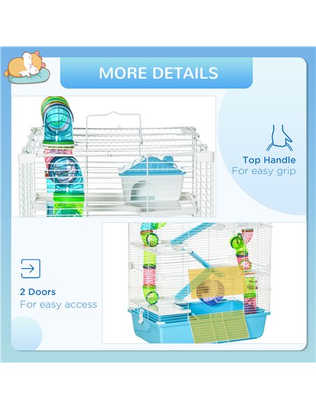 PawHut Hamster Cage w/ Water Bottle, Exercise Wheel, Tubes, Ramps - Light Blue - pic 158808 | FastDaddyshop