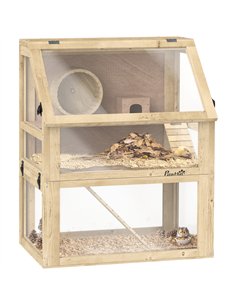 PawHut Wooden Hamster Cage with Detachable 32cm Deep Bottom, Hut, Seesaw, Exercise Wheel, Ramps, 60 x 40 x 75cm
