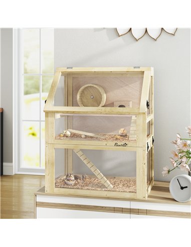 PawHut Wooden Hamster Cage with Detachable 32cm Deep Bottom, Hut, Seesaw, Exercise Wheel, Ramps, 60 x 40 x 75cm