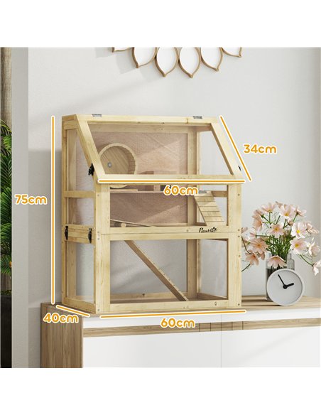 PawHut Wooden Hamster Cage with Detachable 32cm Deep Bottom, Hut, Seesaw, Exercise Wheel, Ramps, 60 x 40 x 75cm - pic 158813 | FastDaddyshop