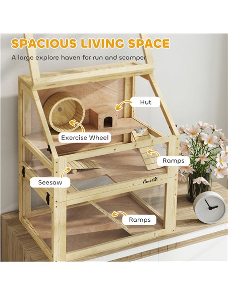 PawHut Wooden Hamster Cage with Detachable 32cm Deep Bottom, Hut, Seesaw, Exercise Wheel, Ramps, 60 x 40 x 75cm - pic 158814 | FastDaddyshop