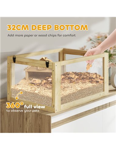 PawHut Wooden Hamster Cage with Detachable 32cm Deep Bottom, Hut, Seesaw, Exercise Wheel, Ramps, 60 x 40 x 75cm