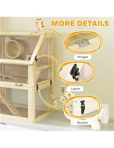 PawHut Wooden Hamster Cage with Detachable 32cm Deep Bottom, Hut, Seesaw, Exercise Wheel, Ramps, 60 x 40 x 75cm