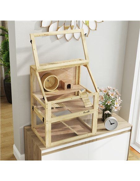 PawHut Wooden Hamster Cage with Detachable 32cm Deep Bottom, Hut, Seesaw, Exercise Wheel, Ramps, 60 x 40 x 75cm - pic 158819 | FastDaddyshop