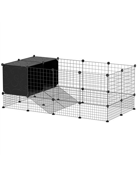 PawHut DIY Small Animal Cage with Elevated Huts, C&C Cage for Guinea Pigs, Hedgehogs, Rabbits, 31 Panels, Black - pic 158820 | FastDaddyshop