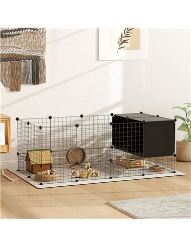 PawHut DIY Small Animal Cage with Elevated Huts, C&C Cage for Guinea Pigs, Hedgehogs, Rabbits, 31 Panels, Black