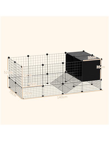 PawHut DIY Small Animal Cage with Elevated Huts, C&C Cage for Guinea Pigs, Hedgehogs, Rabbits, 31 Panels, Black