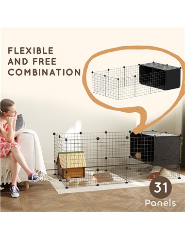 PawHut DIY Small Animal Cage with Elevated Huts, C&C Cage for Guinea Pigs, Hedgehogs, Rabbits, 31 Panels, Black
