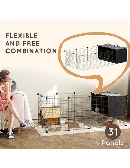 PawHut DIY Small Animal Cage with Elevated Huts, C&C Cage for Guinea Pigs, Hedgehogs, Rabbits, 31 Panels, Black - pic 158823 | FastDaddyshop