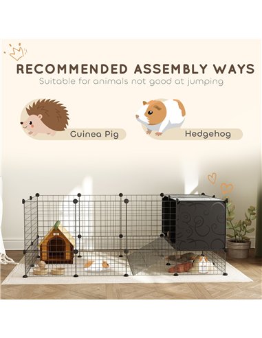 PawHut DIY Small Animal Cage with Elevated Huts, C&C Cage for Guinea Pigs, Hedgehogs, Rabbits, 31 Panels, Black