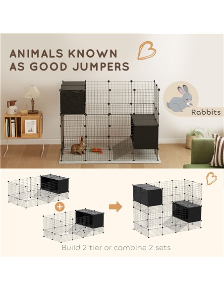 PawHut DIY Small Animal Cage with Elevated Huts, C&C Cage for Guinea Pigs, Hedgehogs, Rabbits, 31 Panels, Black - pic 158827 | FastDaddyshop