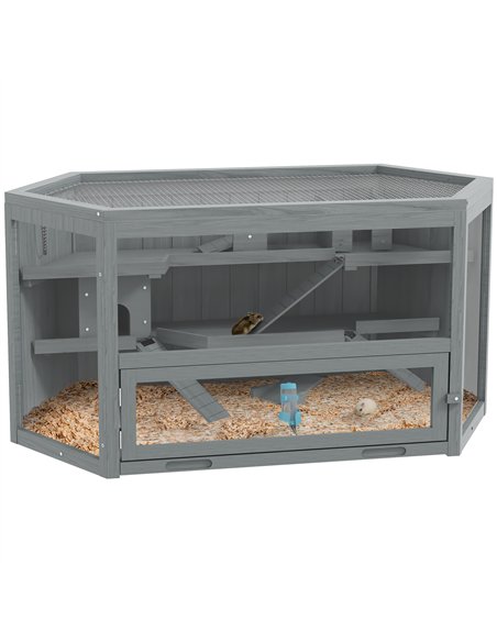 PawHut 3 Tier Wooden Large Hamster Cage with Sliding Tray, Seesaws, Water Bottle, Grey - pic 158829 | FastDaddyshop