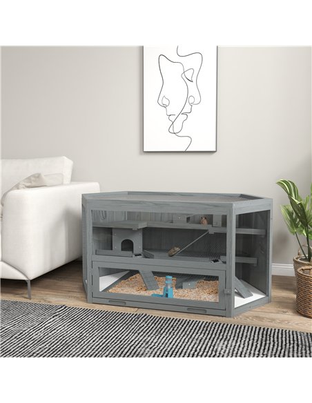 PawHut 3 Tier Wooden Large Hamster Cage with Sliding Tray, Seesaws, Water Bottle, Grey - pic 158830 | FastDaddyshop