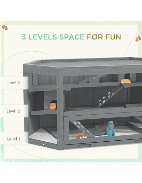 PawHut 3 Tier Wooden Large Hamster Cage with Sliding Tray, Seesaws, Water Bottle, Grey - pic 158833 | FastDaddyshop