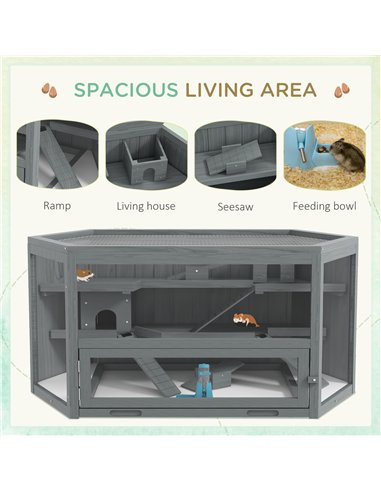 PawHut 3 Tier Wooden Large Hamster Cage with Sliding Tray, Seesaws, Water Bottle, Grey