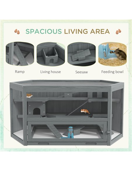 PawHut 3 Tier Wooden Large Hamster Cage with Sliding Tray, Seesaws, Water Bottle, Grey - pic 158834 | FastDaddyshop
