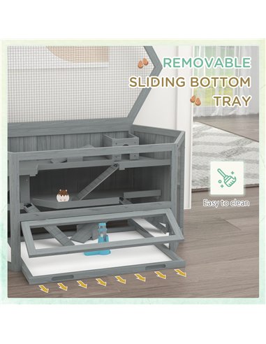 PawHut 3 Tier Wooden Large Hamster Cage with Sliding Tray, Seesaws, Water Bottle, Grey
