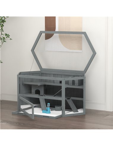 PawHut 3 Tier Wooden Large Hamster Cage with Sliding Tray, Seesaws, Water Bottle, Grey