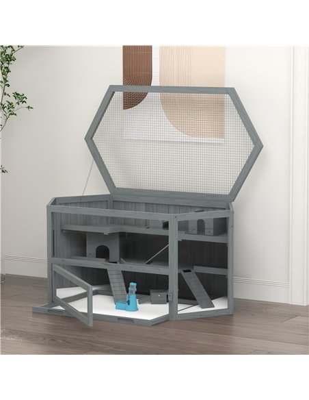 PawHut 3 Tier Wooden Large Hamster Cage with Sliding Tray, Seesaws, Water Bottle, Grey - pic 158837 | FastDaddyshop