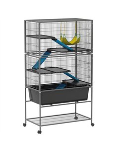 PawHut 5 Levels Rolling Small Animal Cage with Non Slip Ramps, Slide Out 16cm Deep Tray, 88 x 48 x 150.5cm, Dark Grey