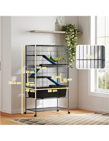 PawHut 5 Levels Rolling Small Animal Cage with Non Slip Ramps, Slide Out 16cm Deep Tray, 88 x 48 x 150.5cm, Dark Grey