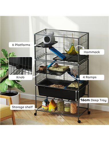 PawHut 5 Levels Rolling Small Animal Cage with Non Slip Ramps, Slide Out 16cm Deep Tray, 88 x 48 x 150.5cm, Dark Grey