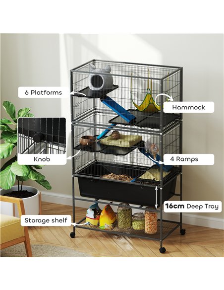 PawHut 5 Levels Rolling Small Animal Cage with Non Slip Ramps, Slide Out 16cm Deep Tray, 88 x 48 x 150.5cm, Dark Grey - pic 158842 | FastDaddyshop