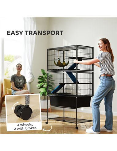 PawHut 5 Levels Rolling Small Animal Cage with Non Slip Ramps, Slide Out 16cm Deep Tray, 88 x 48 x 150.5cm, Dark Grey