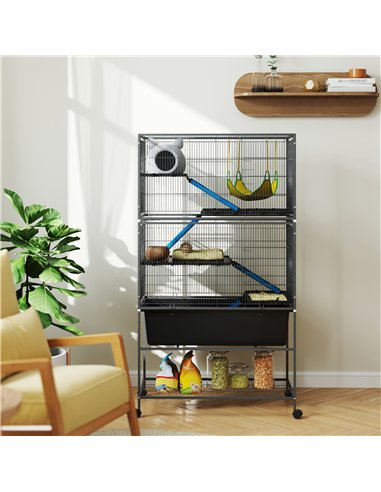 PawHut 5 Levels Rolling Small Animal Cage with Non Slip Ramps, Slide Out 16cm Deep Tray, 88 x 48 x 150.5cm, Dark Grey