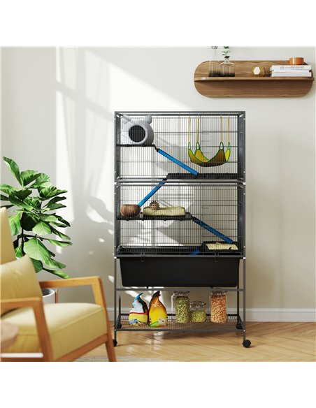 PawHut 5 Levels Rolling Small Animal Cage with Non Slip Ramps, Slide Out 16cm Deep Tray, 88 x 48 x 150.5cm, Dark Grey - pic 158846 | FastDaddyshop