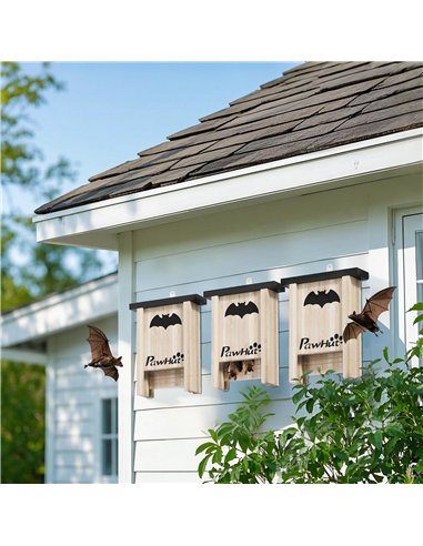 PawHut 3PCs Wooden Bat Boxes, Bat Houses Designed to Attract Bats & Easy to Hang for Outdoor, Garden, Farm, 18 x 6 x 22.5 cm
