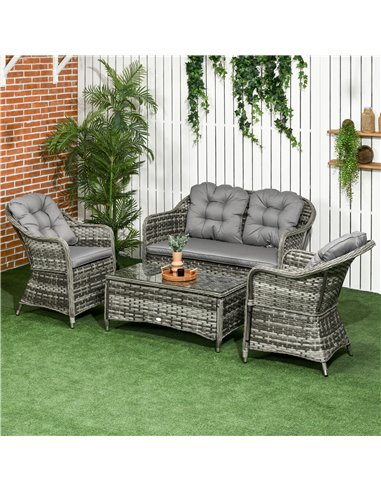 Outsunny 4 Pieces PE Rattan Wicker Sofa Set with Coffee Table, Cushion, Grey