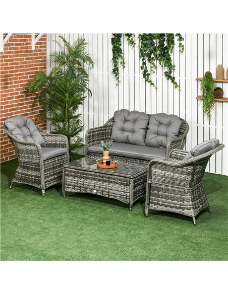 Outsunny 4 Pieces PE Rattan Wicker Sofa Set with Coffee Table, Cushion, Grey - pic 15885 | FastDaddyshop