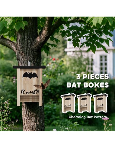 PawHut 3PCs Wooden Bat Boxes, Bat Houses Designed to Attract Bats & Easy to Hang for Outdoor, Garden, Farm, 18 x 6 x 22.5 cm