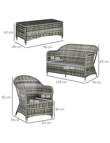 Outsunny 4 Pieces PE Rattan Wicker Sofa Set with Coffee Table, Cushion, Grey