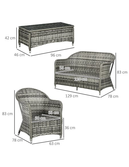 Outsunny 4 Pieces PE Rattan Wicker Sofa Set with Coffee Table, Cushion, Grey - pic 15886 | FastDaddyshop